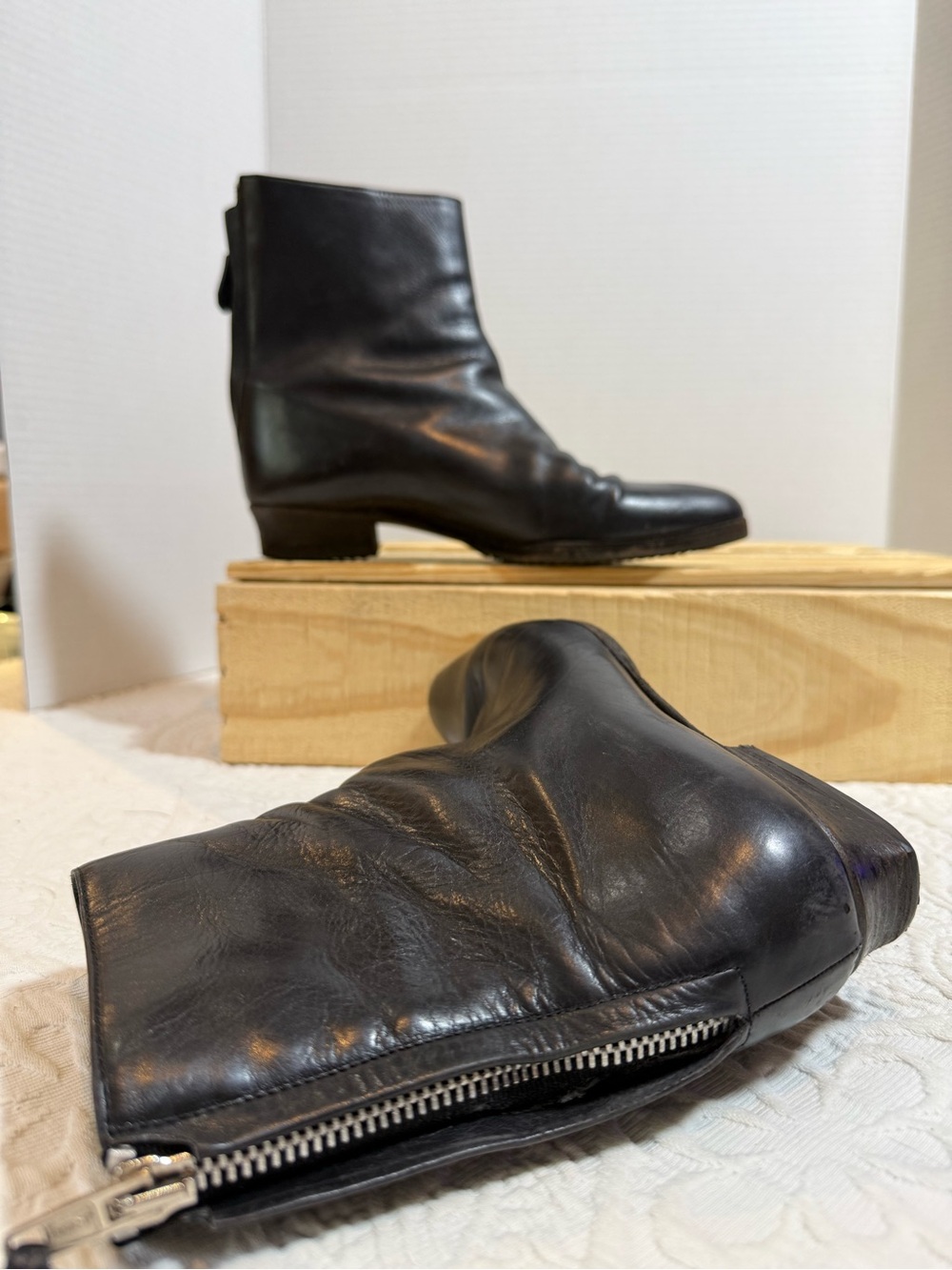 Black Leather Ankle Boots Italian Made Back Zip Low Heel Booties Cole Haan 7.5B